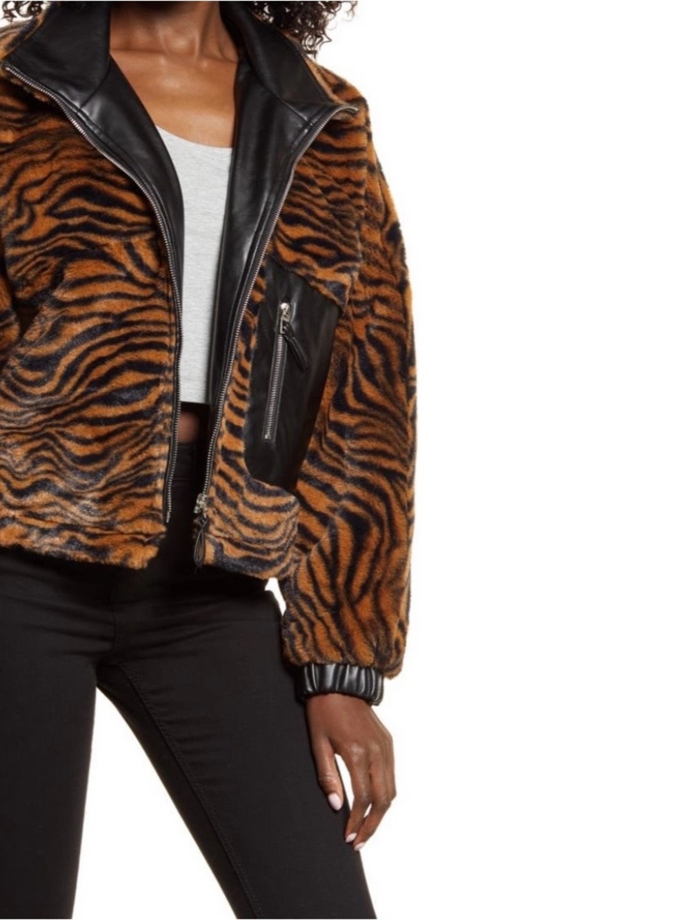 Blank NYC Tiger-Print Faux Fur Bomber Jacket in Brown and Black